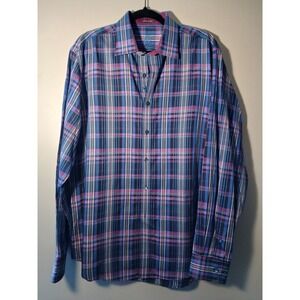 BUGATCHI Uomo Mens Classic Fit Plaid Long Sleeve Dress Shirt Blue Pink size L